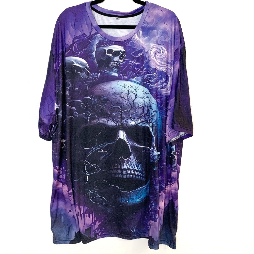 Skull Tee Shirt 3D Men's Size 6XL Purple Short Sleeve Goth Biker Rock Metal